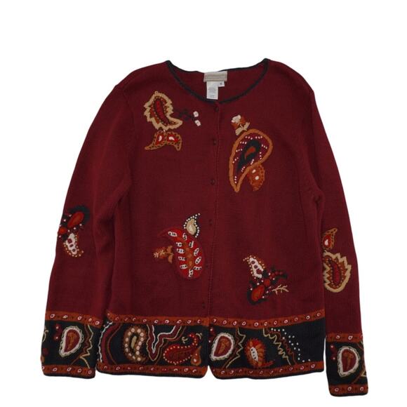 Coldwater Creek Women’s M Burgundy Paisley Embroidered Cardigan Sweater Ramie - Picture 2 of 5